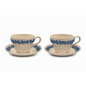 Cup and Saucer Tea Coffee Wedgwood Set Pair 2 Etruria & Barlaston Embossed Queen